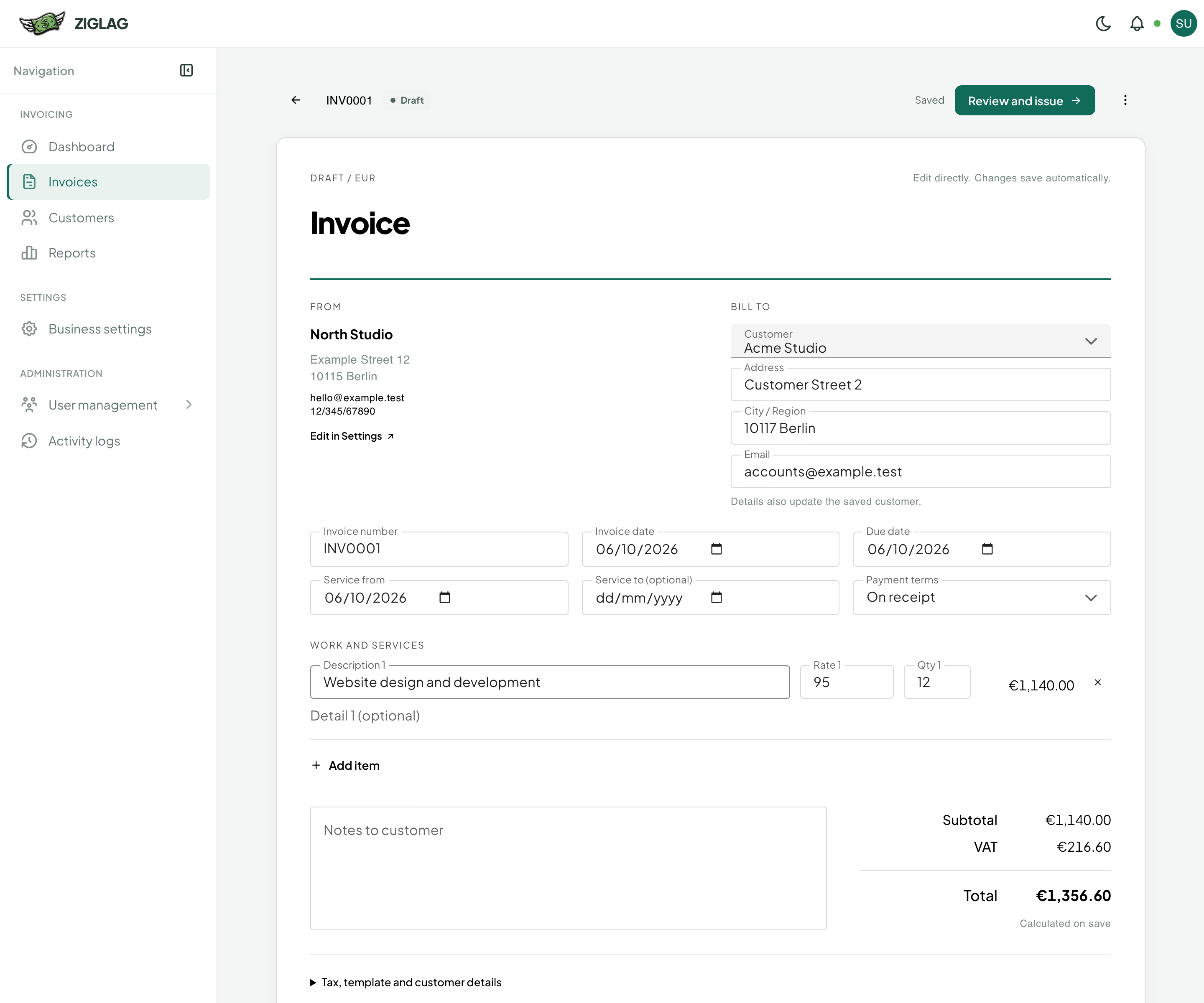 ZigLag draft invoice for Acme Studio, with customer details, line items, and a EUR 1,356.60 total.